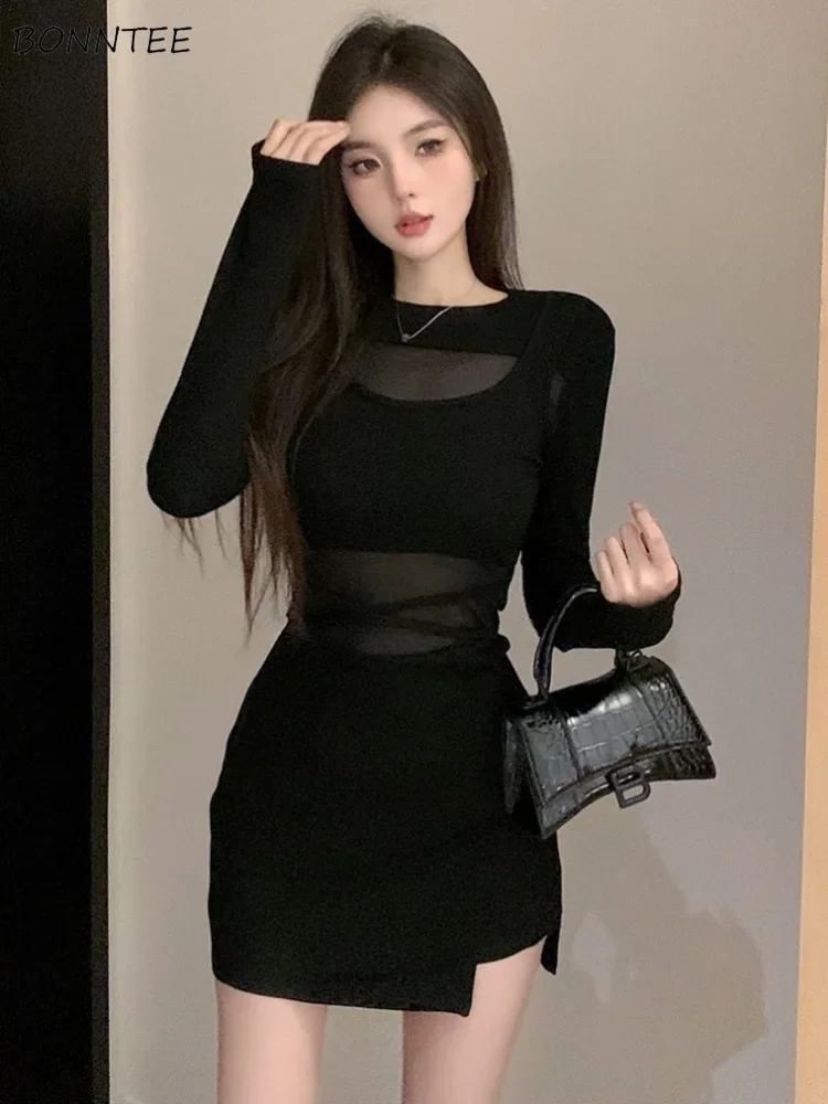 ชุดมินิสีดําสําหรับผู้หญิง Slim ตาข่าย Patchwork สาวเซ็กซี่คลับสวมใส่แฟชั่น Temper Ulzzang All-Match High Street ง่าย Mujer