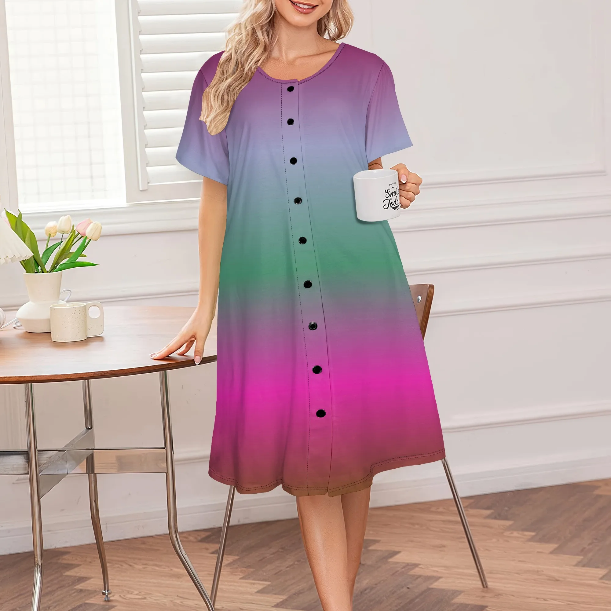 

Women's Summer Dress Ombre Print Round Neck Button Loose Breathable Midi Skirt for Casual Home Outing Festival