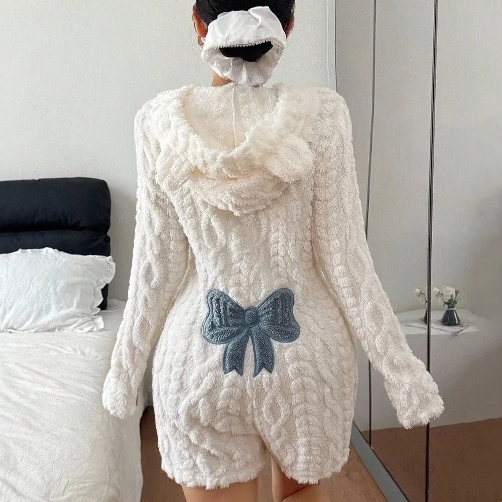 Kawaii Hooded Jumpsuit Romper Nightwear Bear Ear Long Sleeve Loungewear Bodysuit Bow Warm Plush Romper Pajamas Women Female Lady