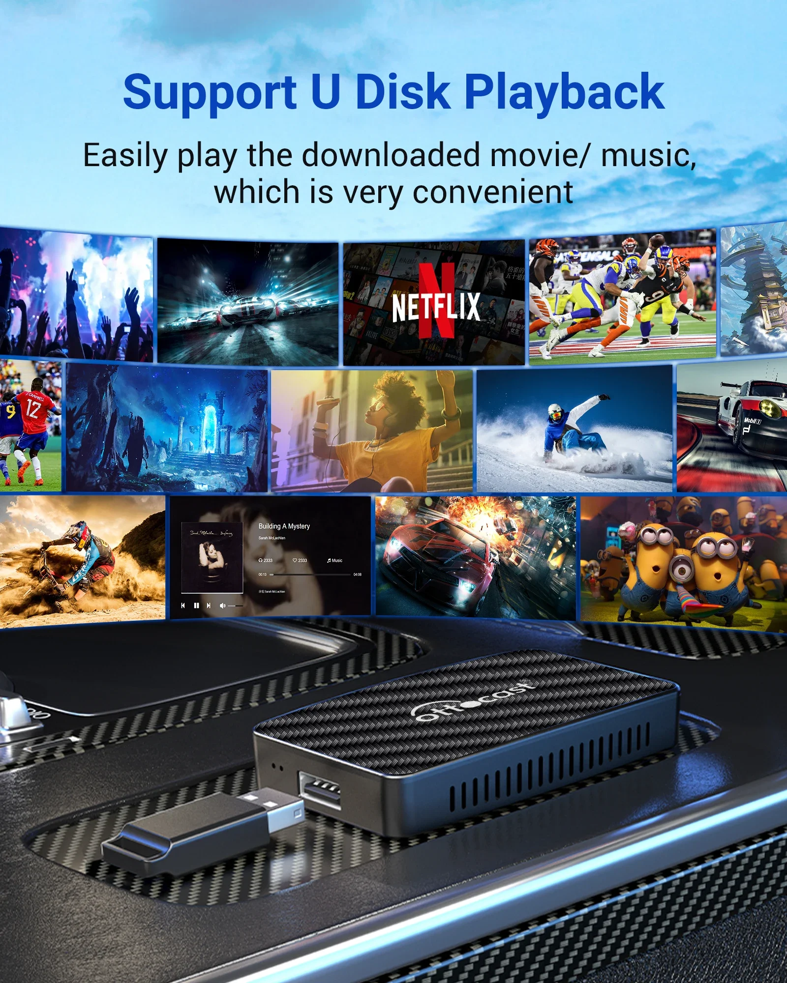 OTTOCAST Wireless CarPlay Android Auto Adapter Built-in Youtube/Netflix/Tik Tok/IPTV Ai Box for Cars with Wired Carplay NO Delay