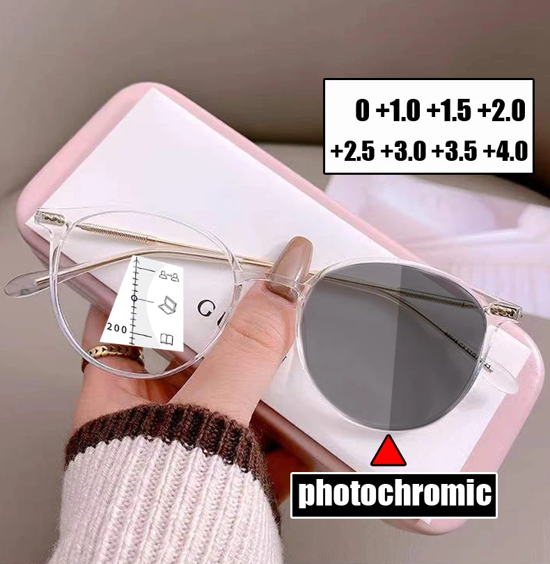 

Unisex Women Men Color Changing Multifocal Presbyopia Eyeglasses Vintage Round Photochromic Reading Glasses Diopter 0 To +4.0