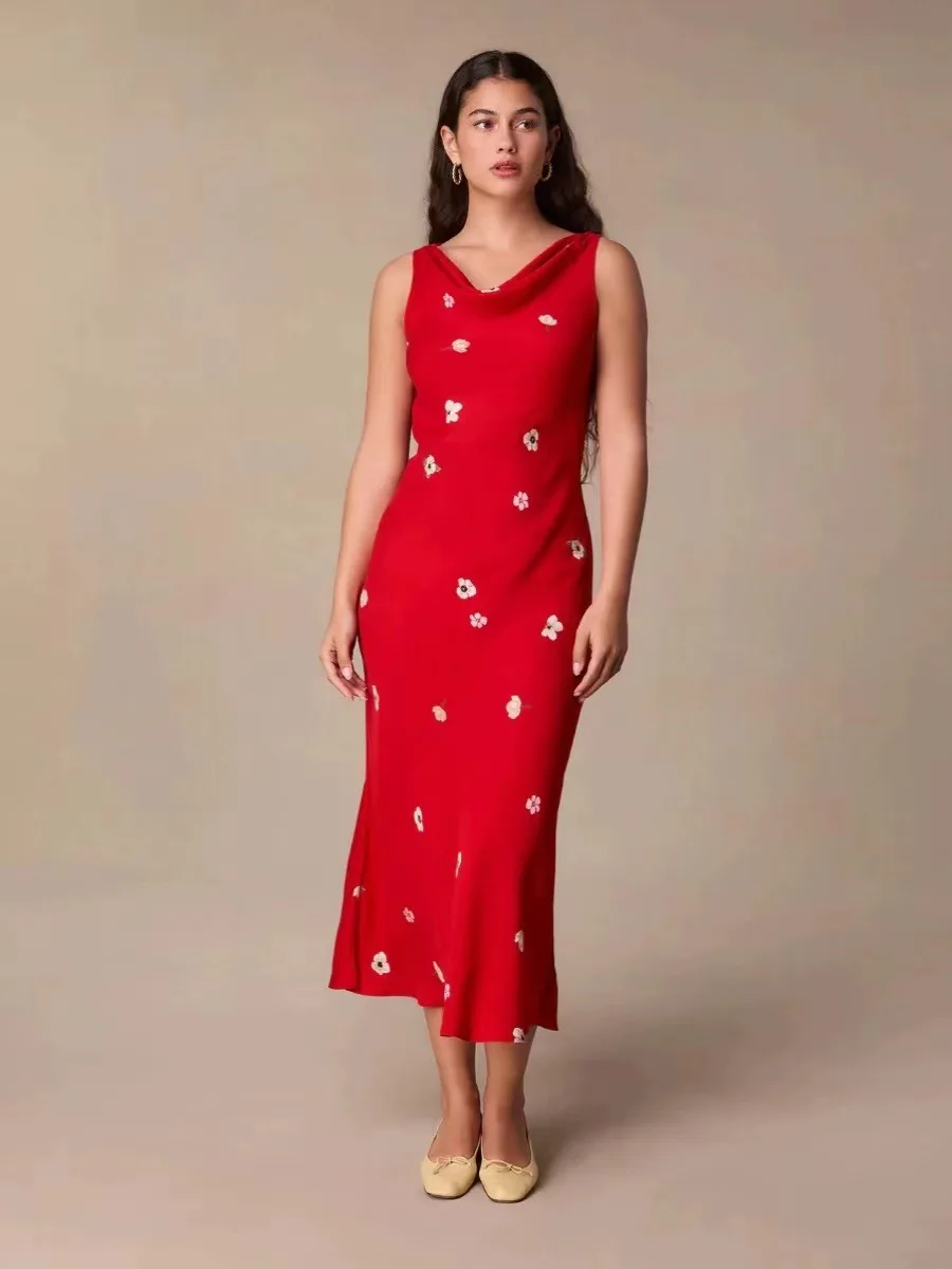 

Women's Dress 2024 New Spring Summer Printed Pile collar Slim Waist Sweet Sleeveless Fishtail Maxi Robes