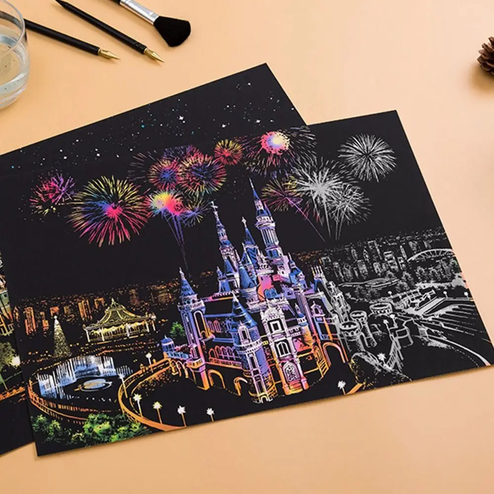 Children DIY Night Scene Art Scratch Painting Castles City Building Landscape Kids Educational Toys Birthday Gift Room Decor