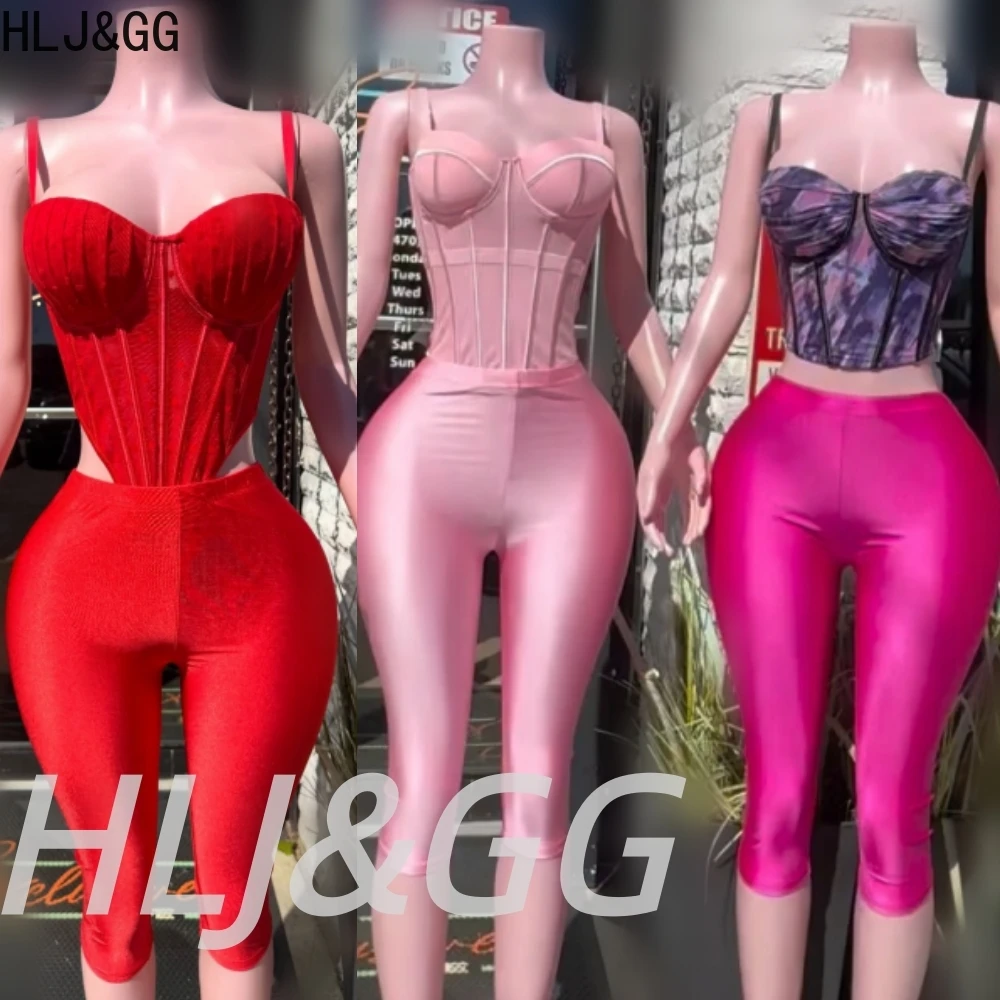

HLJ&GG Sexy Corset Spaghetti Strap See Though Tank Top Two Piece Sets Women V Neck Sleeveless Vest And Shorts Outfits Streetwear