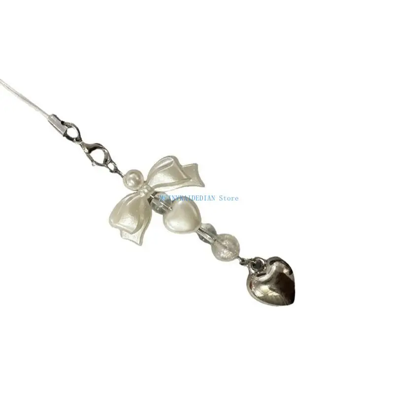 

C1FE Heart Pearls Bowknot Phone Chain Fashionable Heart Bowknot Keychain Phone Strap Chain For Women’s Daily Use