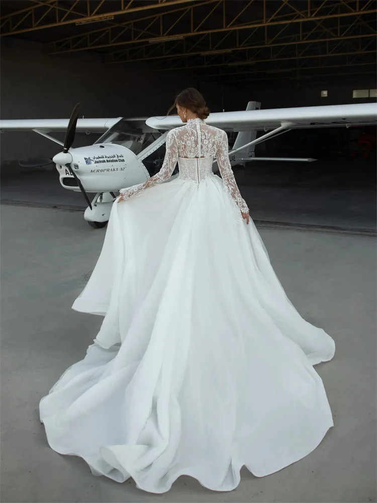 Customized Satin A-Line Wedding Dress with Shawl Sleeves And Sweep Train Floor Length Back Zipper Sweetheart Neckline for Bride - Image 4