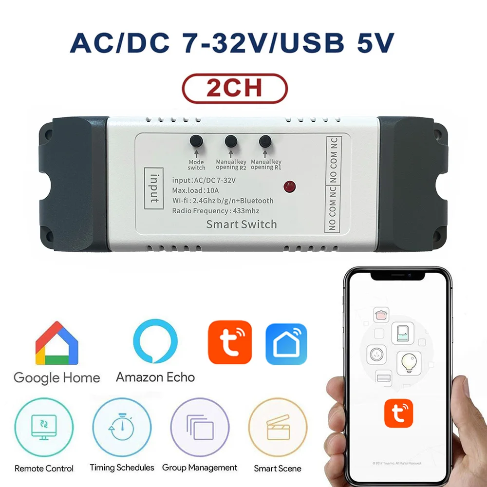 Smart Switch 2CH Relay Module Tuya WIFI Motor Module USB 5V AC DC 7-32V 85-250V RF433 Smart light Garage Door Gate Opener