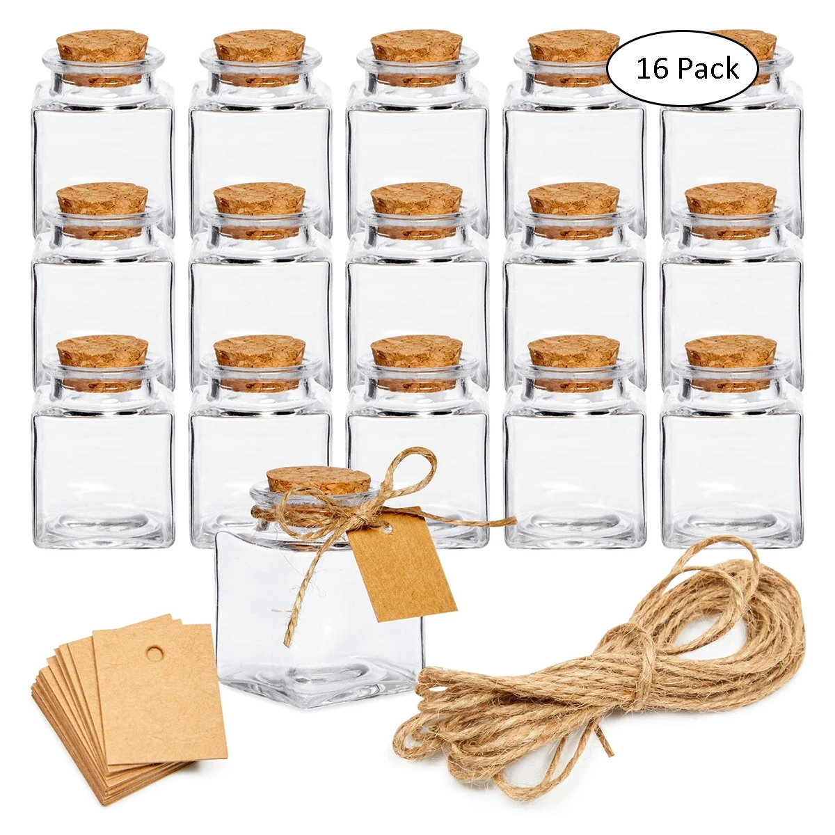 16 Pack Small Glass Bottles with Cork Stoppers 1.7 oz (50ml) Mini Jars with Twine Blank Tags for Gift Favors Honey Spices Crafts