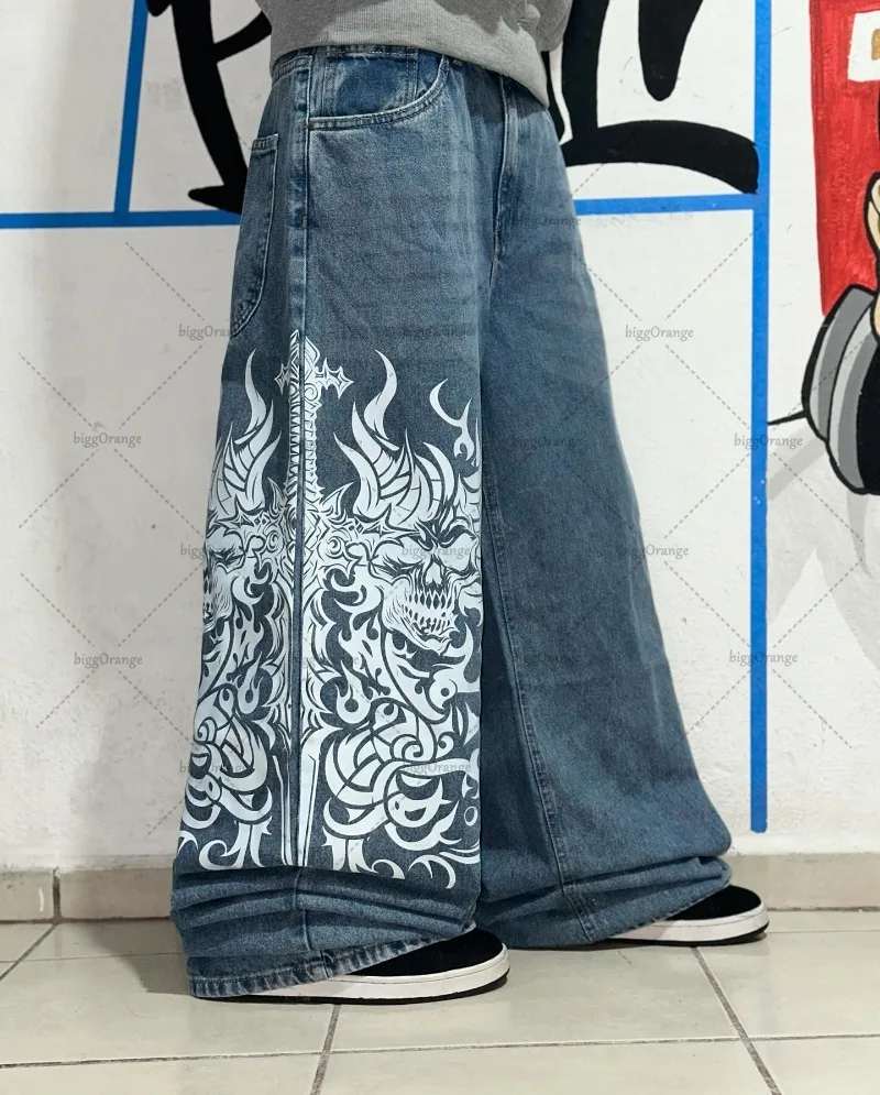 Harajuku High Street Fashion Loose Retro Oversized Jeans Men Y2k Trendy Brand Anime Print Washed High Waist Wide Leg Pants Women