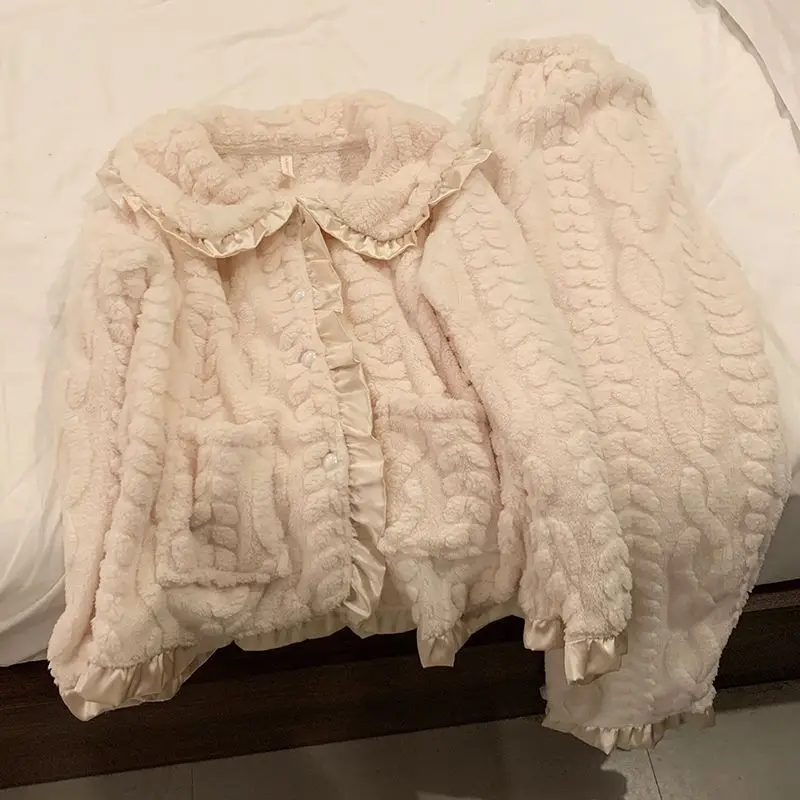 

Женский домашний комплект: пижама и кардиган из кораллового флиса, утолщенный, теплый, для студенток, весна-осень-зима, можно носить как верхнюю одежду