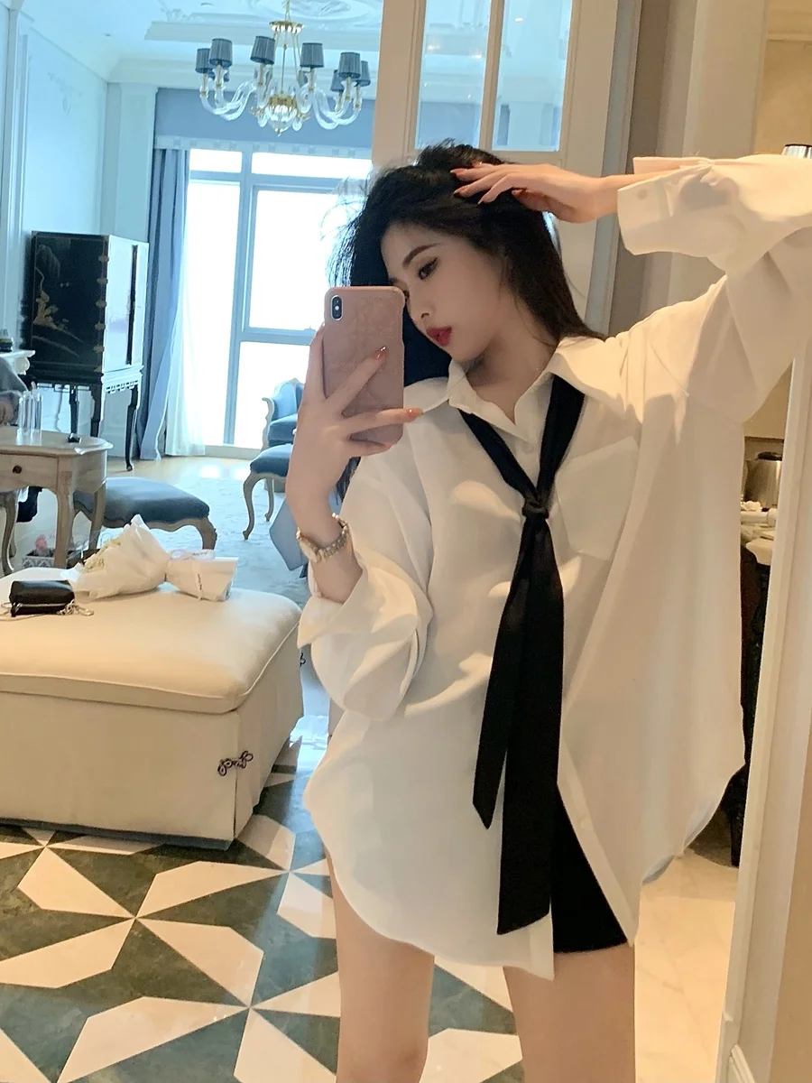 

Spring Summer Thin White Collar Women's irt Tie Pure Desire Sle Autumn Casual Loose Sun Protection Blouse Long Sve