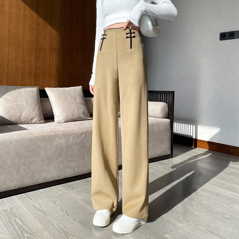 

Women Chinese Style Suit Pants High Waist Side Zipper Solid Color Female Wide Leg Pants Casual Loose Ladies Straight Tousers