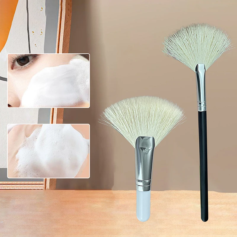 Mini Gentle Esthetician Cleaning Cosmetic Small White Short Wooden Handle Synthetic Fiber Fan Brushes For Facial