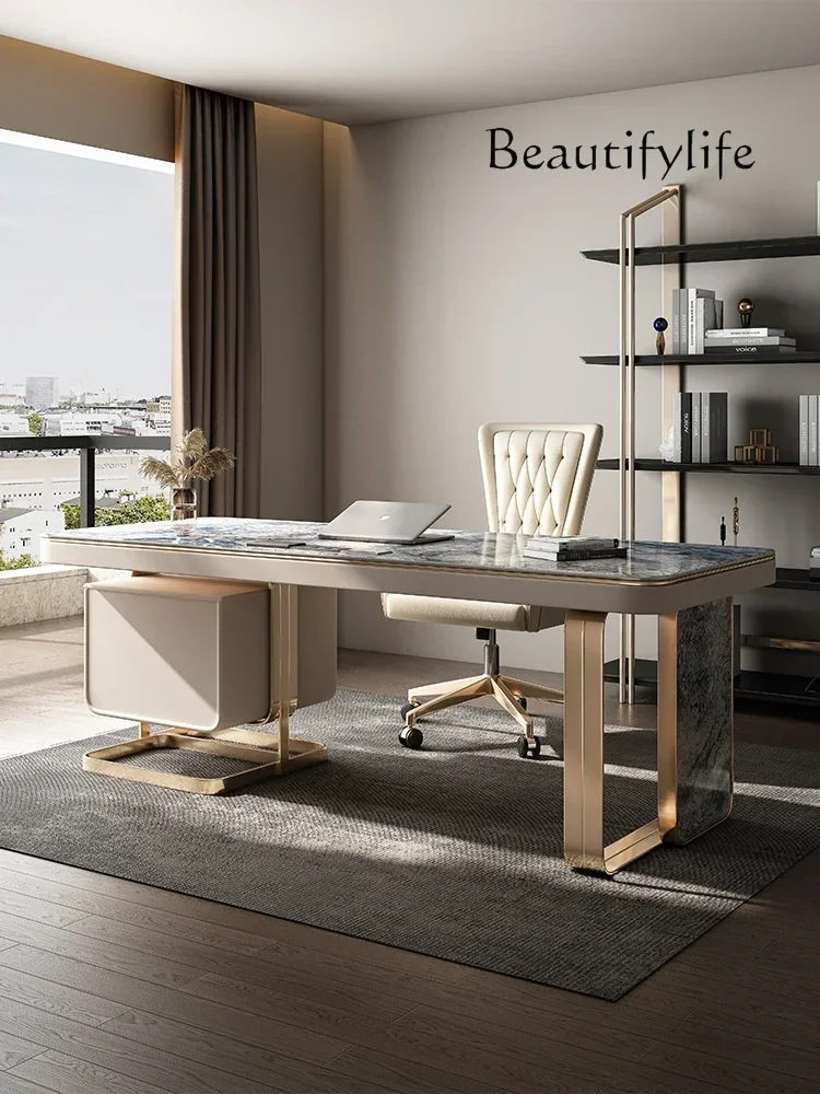 

Light luxury modern minimalist style high-end rock slab office desk and chair computer desk designer study writing desk