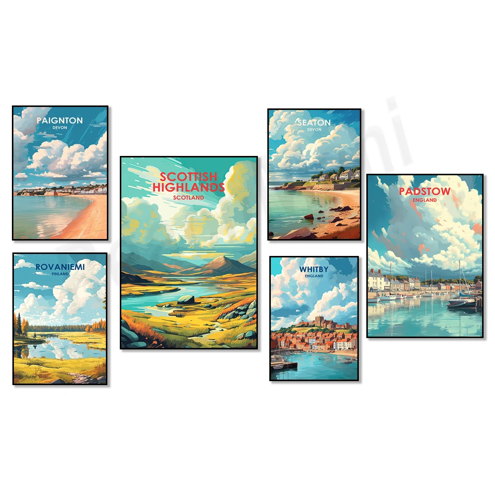 Scottish Highlands, Whitby England, Seaton Devon, Rome Italy, Rovaniemi Finland, Paignton Devon, Padstow England travel poster