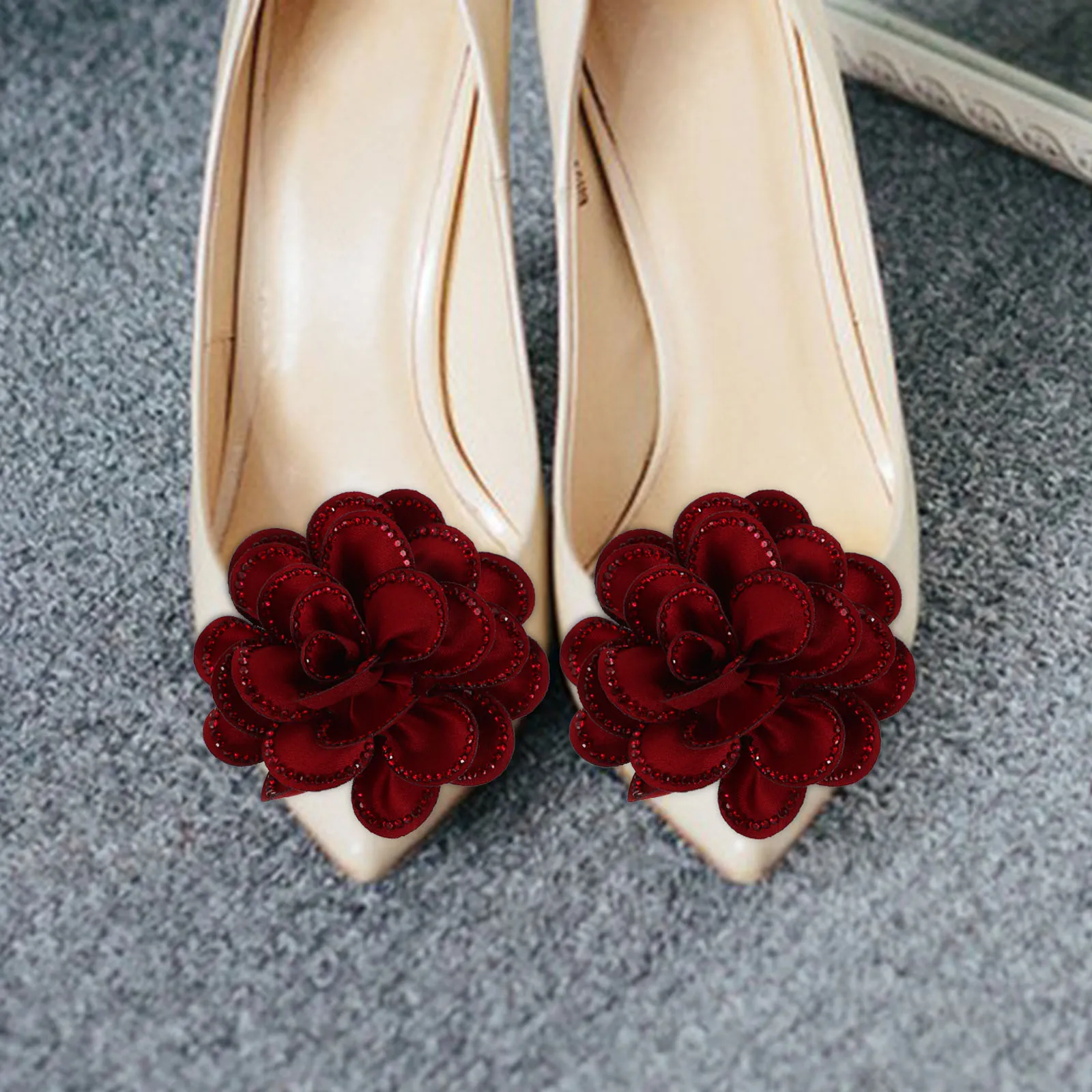 

Rhinestone Red Rose Detachable Shoe Flower Clips Elegant Polyester Accessories for Winter Shoes Women Decorative Jewelry