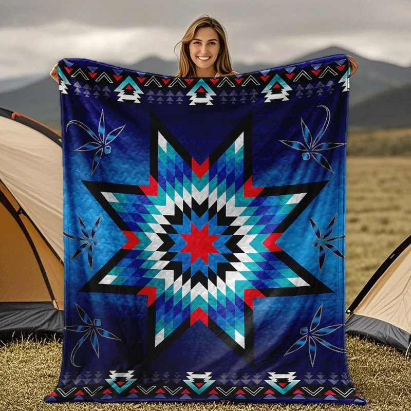 Gesteppte Flanelldecke im Indianer-Stil – ganzjährige südwestliche Stammes-Tagesdecke mit Stern und Motiven in Türkis