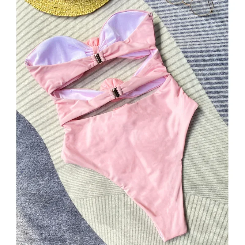 Bañador rosa de una pieza para mujer, traje de baño Sexy cerrado, ropa de baño femenina con realce, ropa de baño para el cuerpo, bañador para