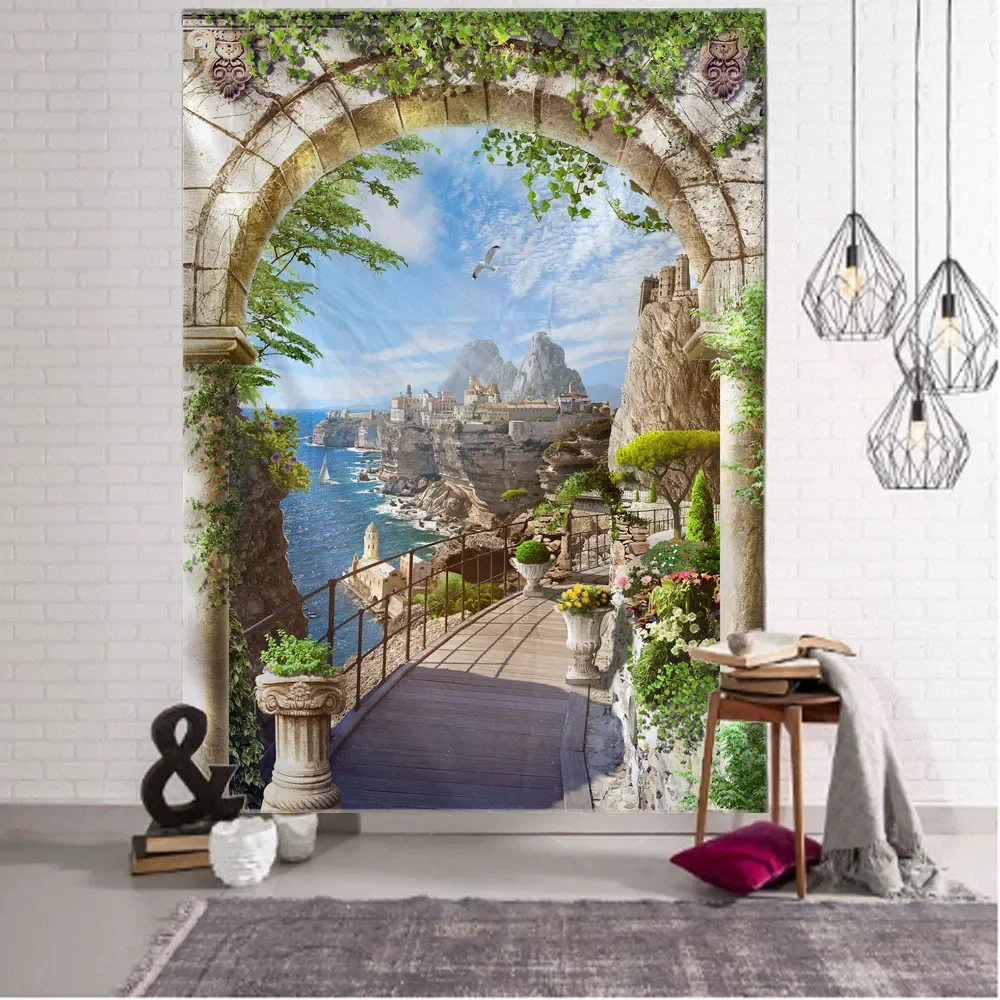 Retro European style landscape printing tapestry home wall decoration bedroom living room large fabric decoration wall hanging