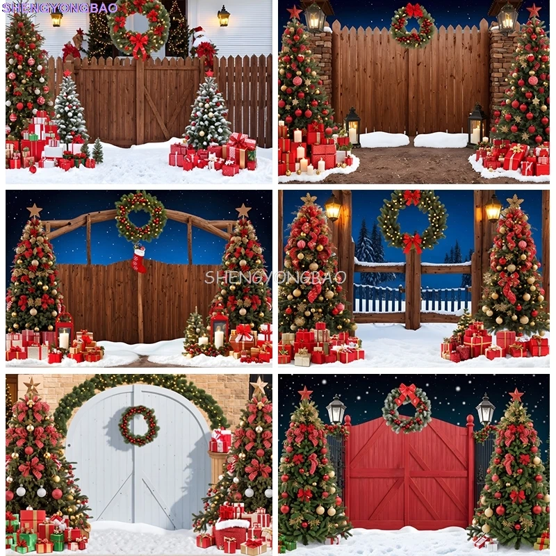 

Christmas Day Decoration Photography Backdrops Barn Door Xmas Wooden Fence Gate Home Party Interior Photo Background CZ-01
