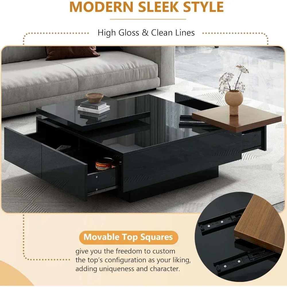 XMSJ-Mesa de centro com gavetas, quadrado moderno, mesa central de alto brilho com armazenamento e tampo removível, mesas de centro para viver