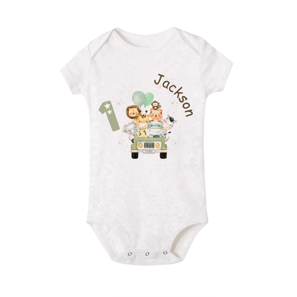 Personalized Baby Romper Safari Animal with Name Bodysuit Newborn Wild One Jumpsuit Outfit Baby Girls Clothes Infant Shower Gift