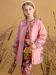 Girls Trench Coat Long Sleeve Zip Closure Flowers Printed Peter Pan Collar Spring and Autumn Coat