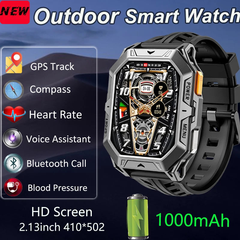 

2025 Новые спортивные умные часы на открытом воздухе, аккумулятор 1000 мАч, 2,13-дюймовый HD-экран, GPS-компас, Bluetooth-вызов, водонепроницаемые умные часы