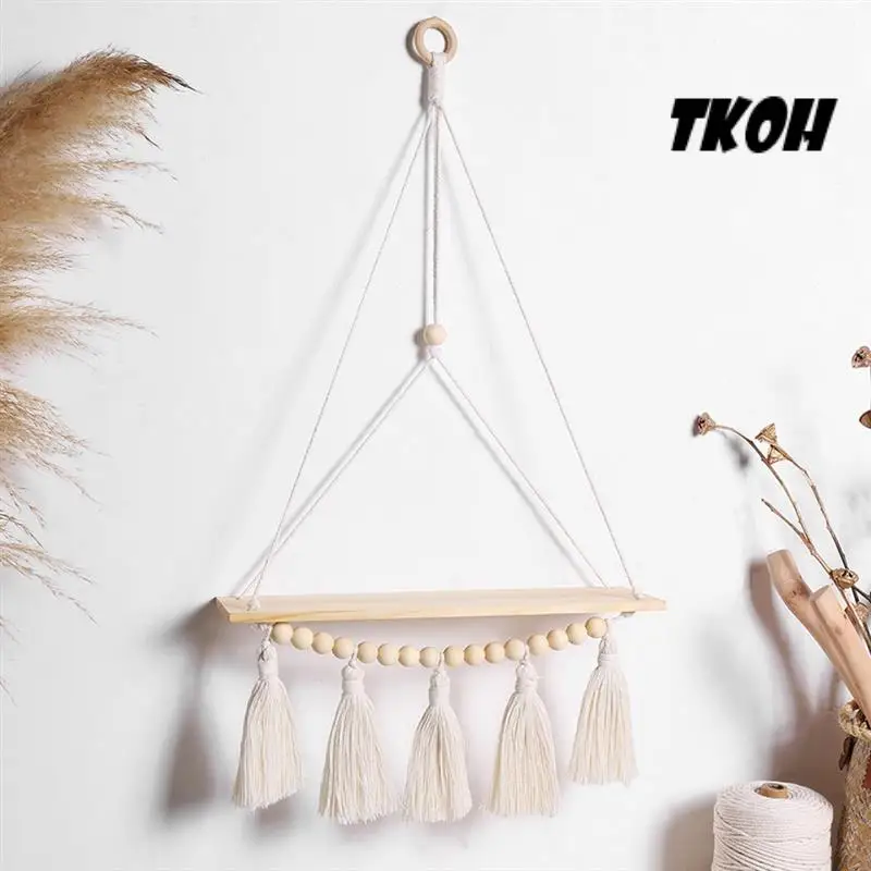 

TKOH-Wall Hanging Shelf Tassel Wood Decor Woven Wall Hanging Board Shelves For Home Decor Bedroom Living Room