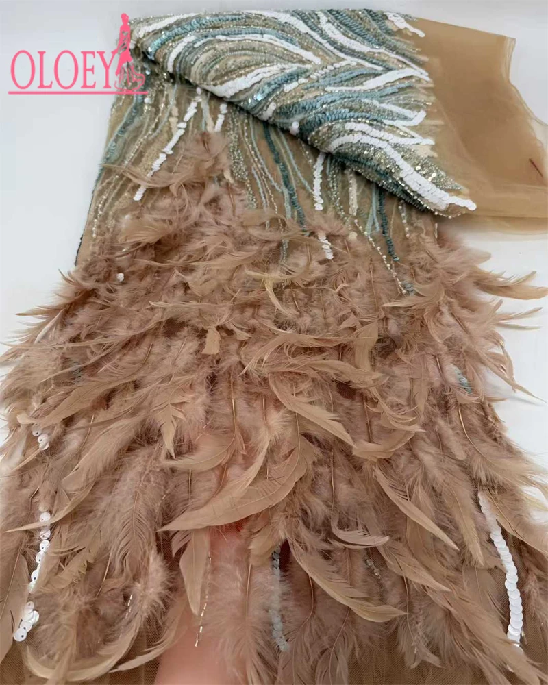 

OLOEY African 3D Feather Mesh Lace Fabric French Nigerian Handmade Beaded Sequin Lace Fabric for Ladies Party Dress S