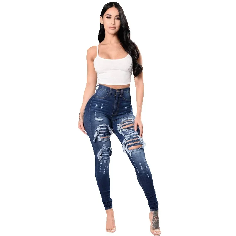 

JY Women's slim fit jeans denim high waist zipper fly wash ripped hole pocket high street ankle long autumn wear 2024