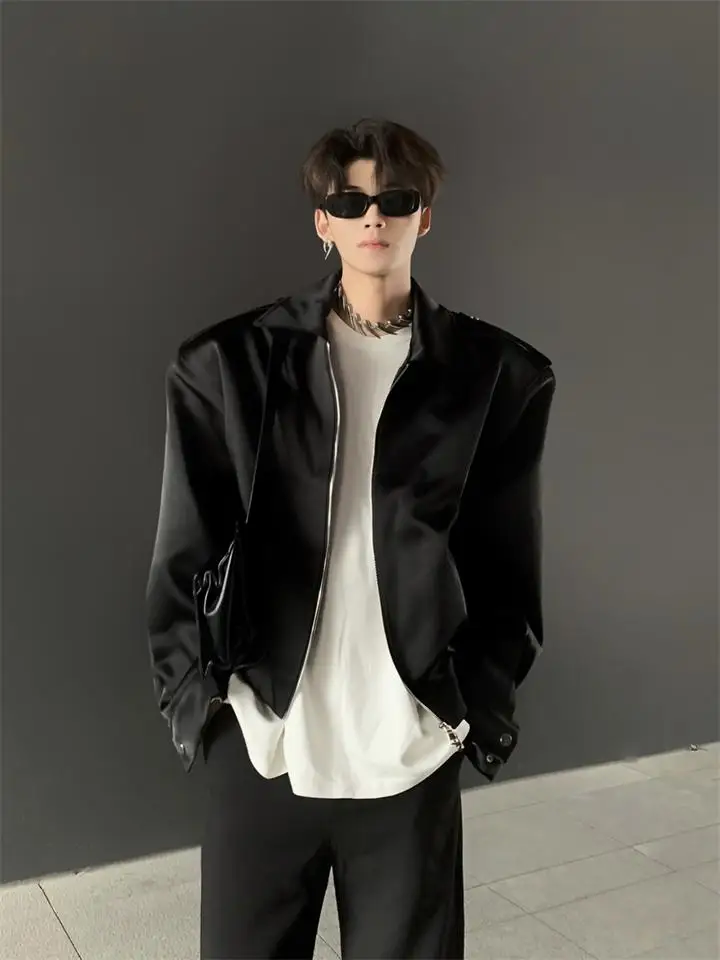 Ace Tailors Minimalist Design Silk Satin Shoulder Pad Jacket Men's Short Style Cleanfit High-End Feeling Outerwear Polyester ...