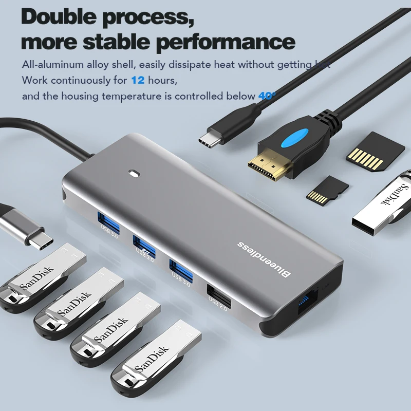 Blueendless وصول جديد الألومنيوم USB C إلى 10 في 1 محور 4k 60hz نوع c HDTV 100 واط مع pd لماك بوك برو اكسسوارات SSD