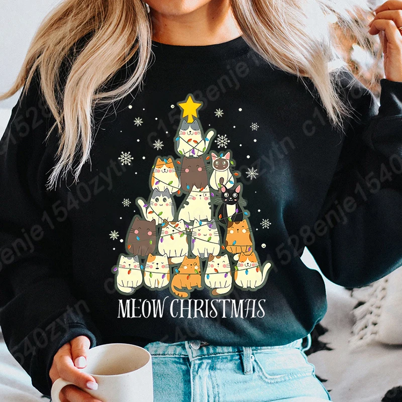 Women's Festive Cat Christmas Tree Print Sweatshirt, Casual Pullovers, Crew Neck Long Sleeve for Winter, Women Xmas Sweatshirts #5