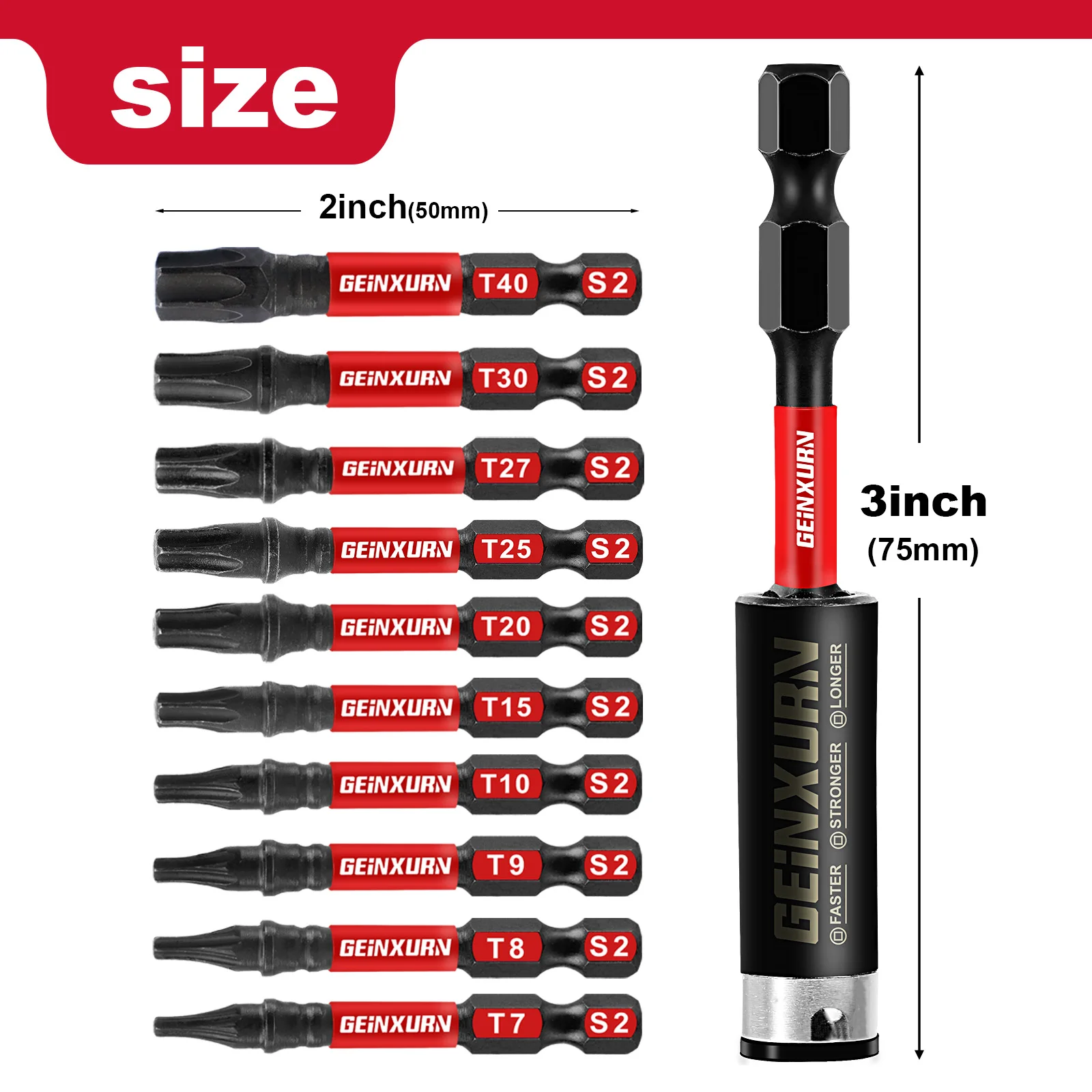 Geinxurn 2 Inches T7-T40 Torx Screwdriver Bit Set,Impact Tough Magnetic S2 Alloy Steel Star Bit with Base