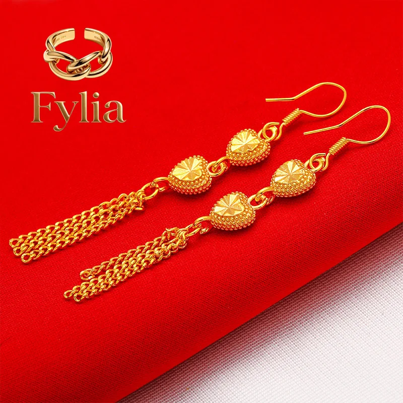 Fylia Jewelry   24K gold rose fringed earrings AU999 full gold, three-dimensional rose blooming shape, gold chain tassel swaying