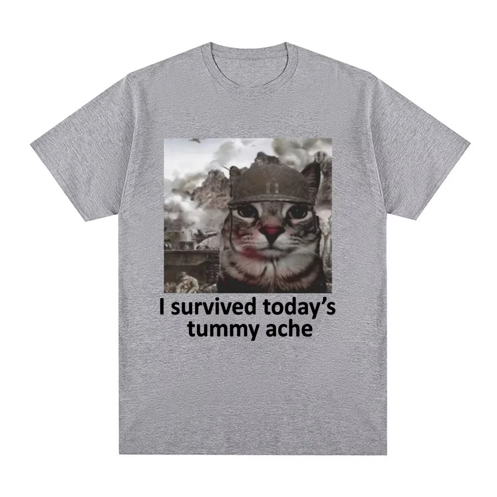 2026 I Survived Today's Tummy Ache T-Shirt Funny Cat Meme Short Sleeve T Shirt Men Women Cotton Casual Oversized Tee Unisex