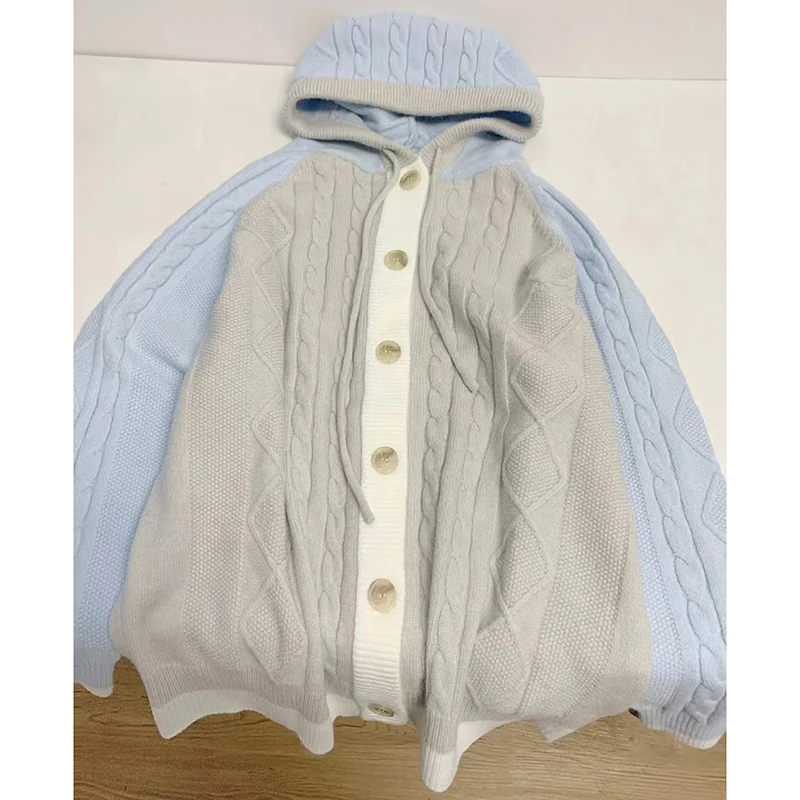 Cozy Colorblock Women Hooded Cardigan Cable Knit Button Down Chunky Sweater Contrast Trim Preppy Y2K Winter Top