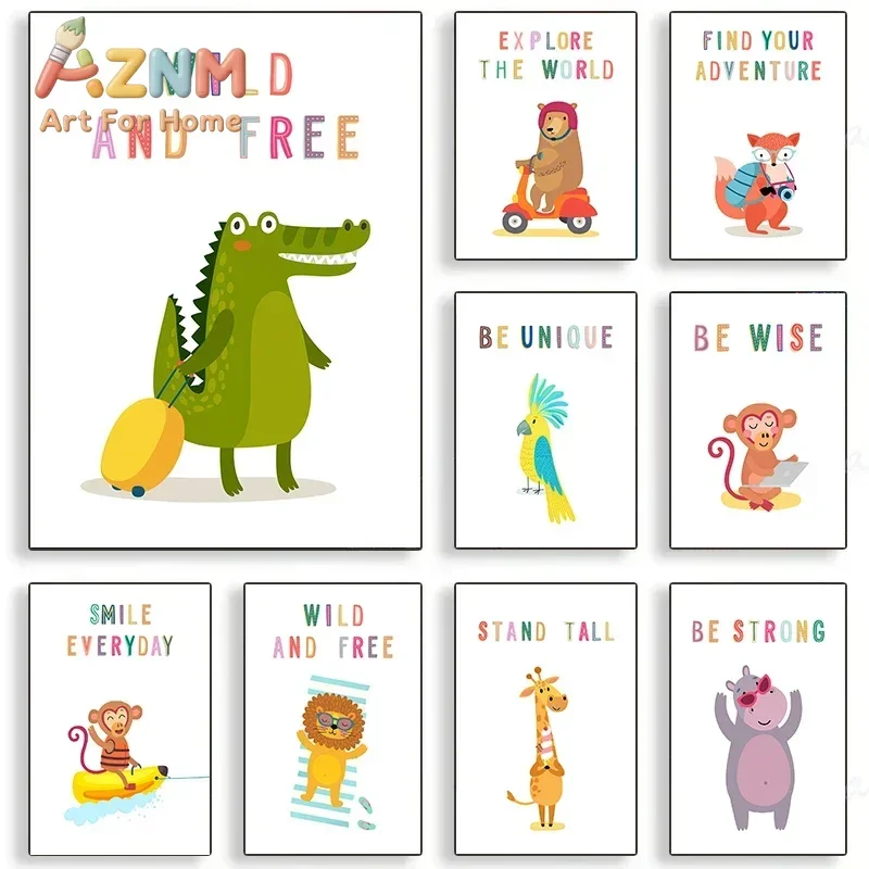 AZNM Colorful Cute Animal Canvas Wall Art Dinosaur Kangaroo Bear Elephant Inspirational Positive Quote Art Print Unframed Canvas
