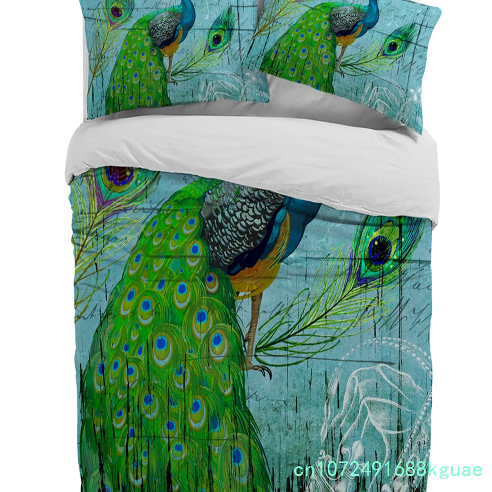 Peacock Wood Grain Feather Retro Duvet Cover With Pillow Case Custom 3pcs Bedding Set Quilt Cover Double Bed Home Textile 2