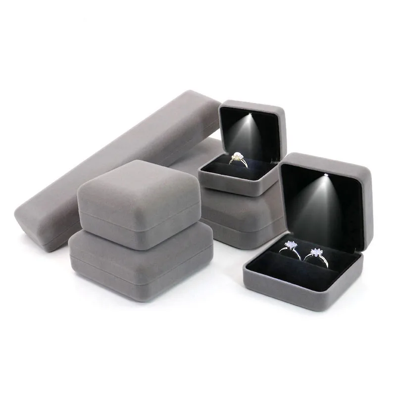 Flannel LED Light Jewelry Box Gift Wedding Velvet Ring Pendant Earring Display Storage Leather Jewellery Boxes Packaging