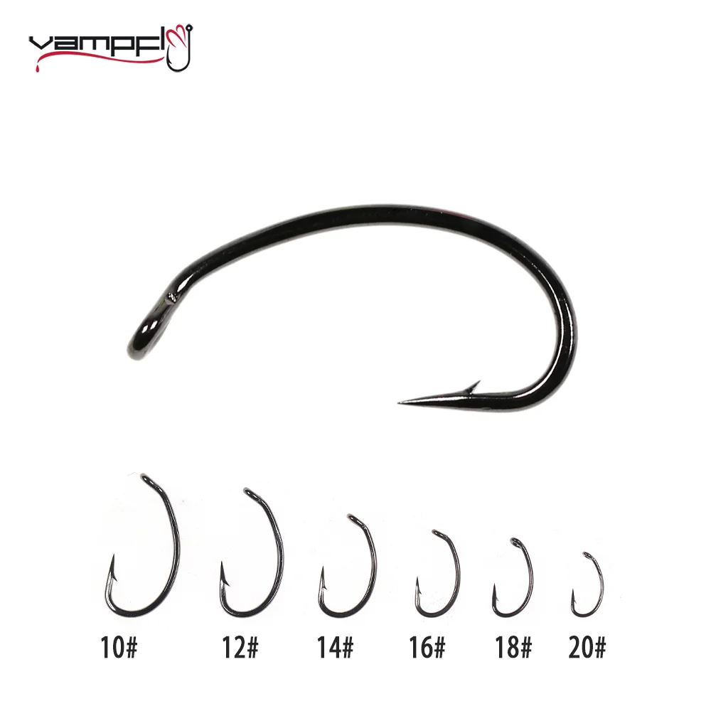 Vampfly Curve Shank-anzuelo de pesca con púas, gancho para atar moscas, ninfa, gambas, Pupae, larvas, Caddis, 10 # ~ 20 #