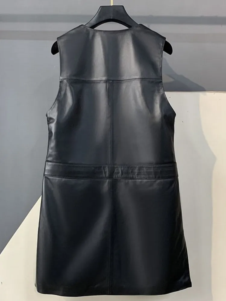 Concise Style Female Solid Color V-Neck Genuine Leather Vest Fashion Handmade Sleeveless Pocket Sheepskin Mid-Length Outerwear