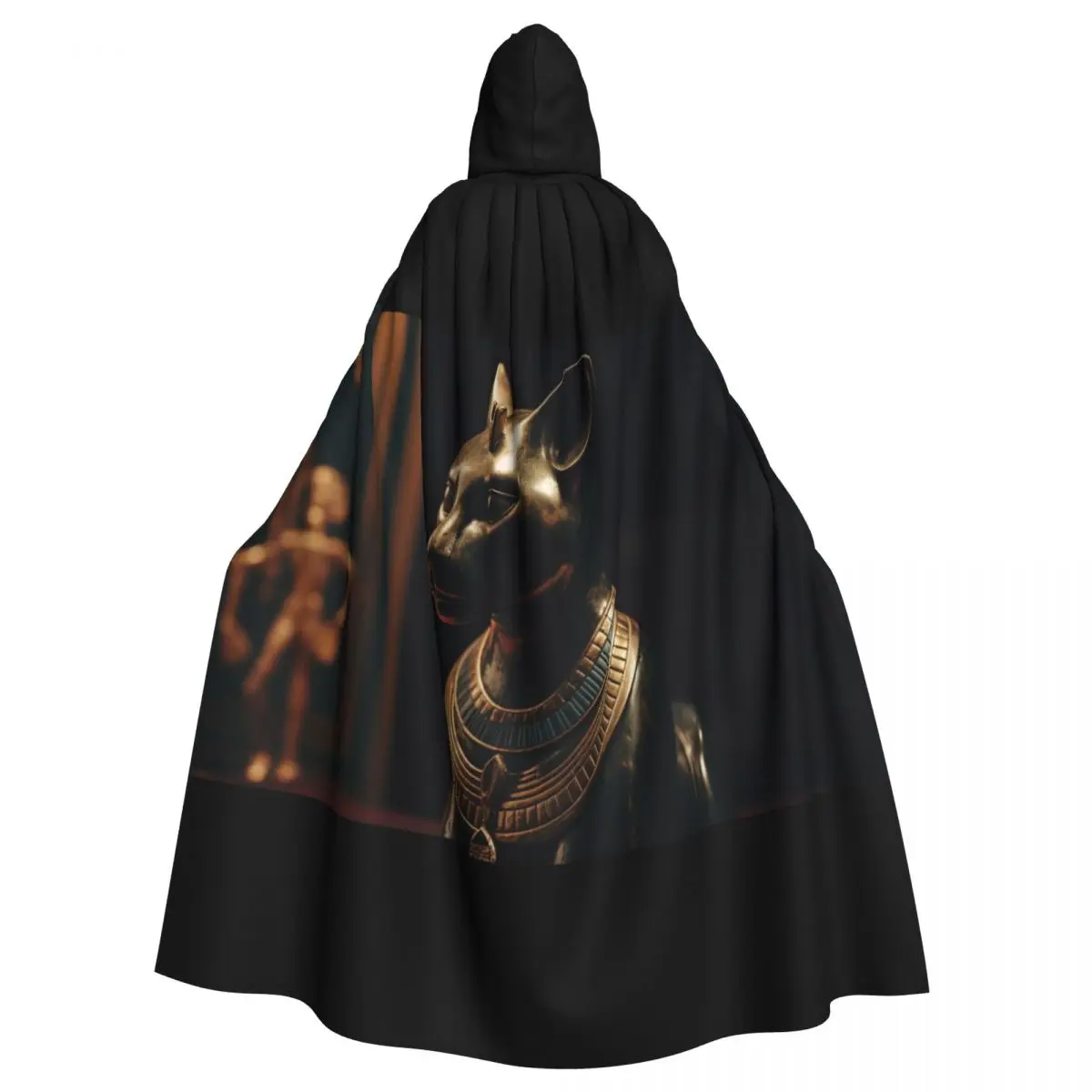 

Ancient Egyptian Cat God Cloak with Golden Details for Halloween Unisex Adult Cloak with Hood Long Witch Costume Cosplay