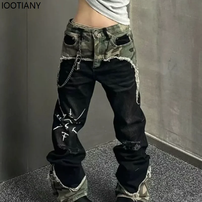 American Street Retro Washed Camouflage Patchwork Jean Men Women Y2k High Street Hip-hop Straight Loose Slim Straight Rape Pant