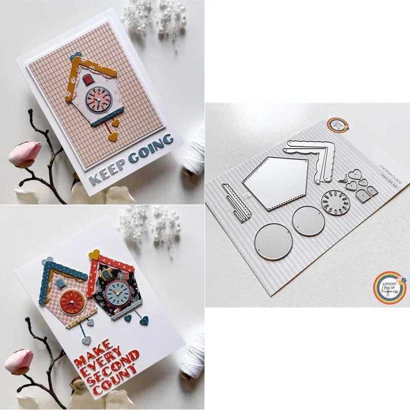 Er is ook een paar kleine oorkappen bovenop de wekker. Nieuwe aanwinst 2026 metaal snijmal scrapbooking DIY decoratie.