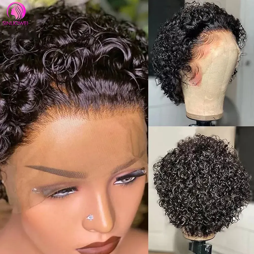 Pixie corte peruca para mulheres negras, Bob curto, perucas de cabelo humano encaracolado, 13x1, perucas de renda transparente, cabelo brasileiro, venda