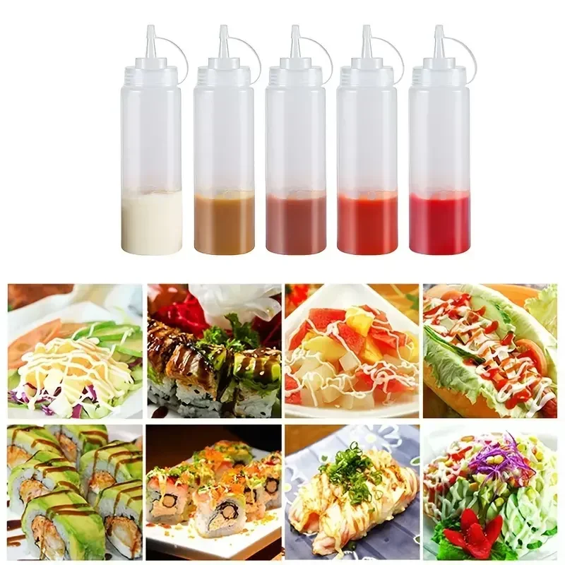 240/360/450/500/680ml Squeeze Condiment Bottles with On Cap Lids Ketchup Mustard Sauces Olive Oil Bottles Kitchen Accessories