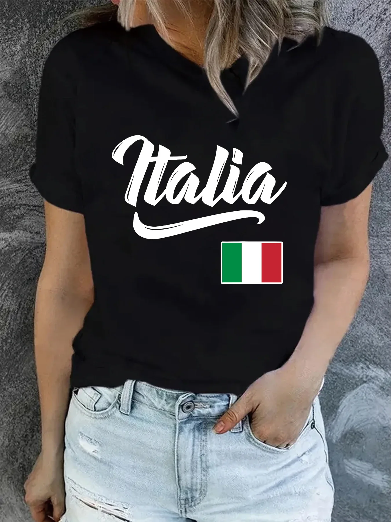 

Personalized Design Italian Flag Print Creative Design Women's T-shirt Top Summer Round Neck Short Sleeved Fashionable Graphic T