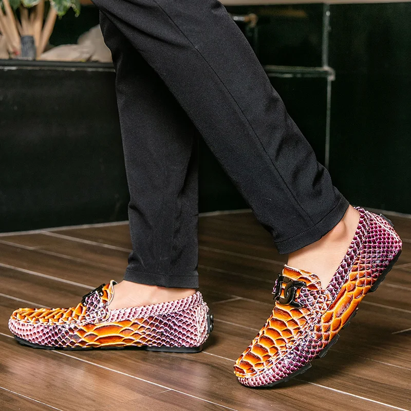 Men Snake Pattern Loafers Metal Buckle Slip On Driving Shoes Casual Business Moccasins Male Footwear